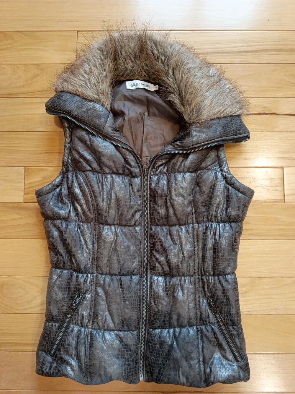 Mur Mur Brown Puffer Vest Faux Fur Collar Textured Zip Front Quilted Warm Size M